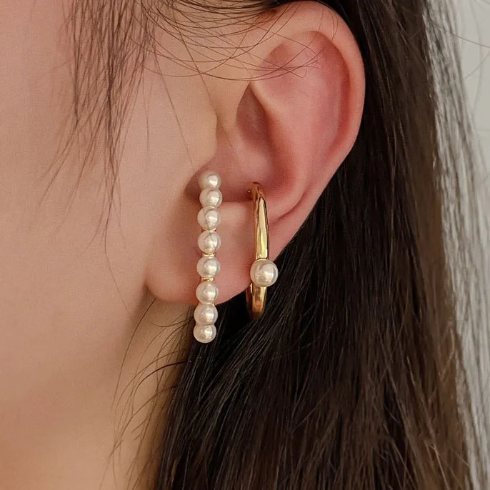 

Japanese Korean Non Piercing Ear Clips For Women Gold Hook Shaped Zircon Pearl Bead Clip Earrings Withou Pierced Jewelry
