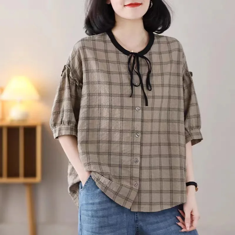 

New Summer Fashion Woman Blouse 2023 Plaid Half-open Collar Regular Sleeve Casual Button Shirts and Blouses for Women