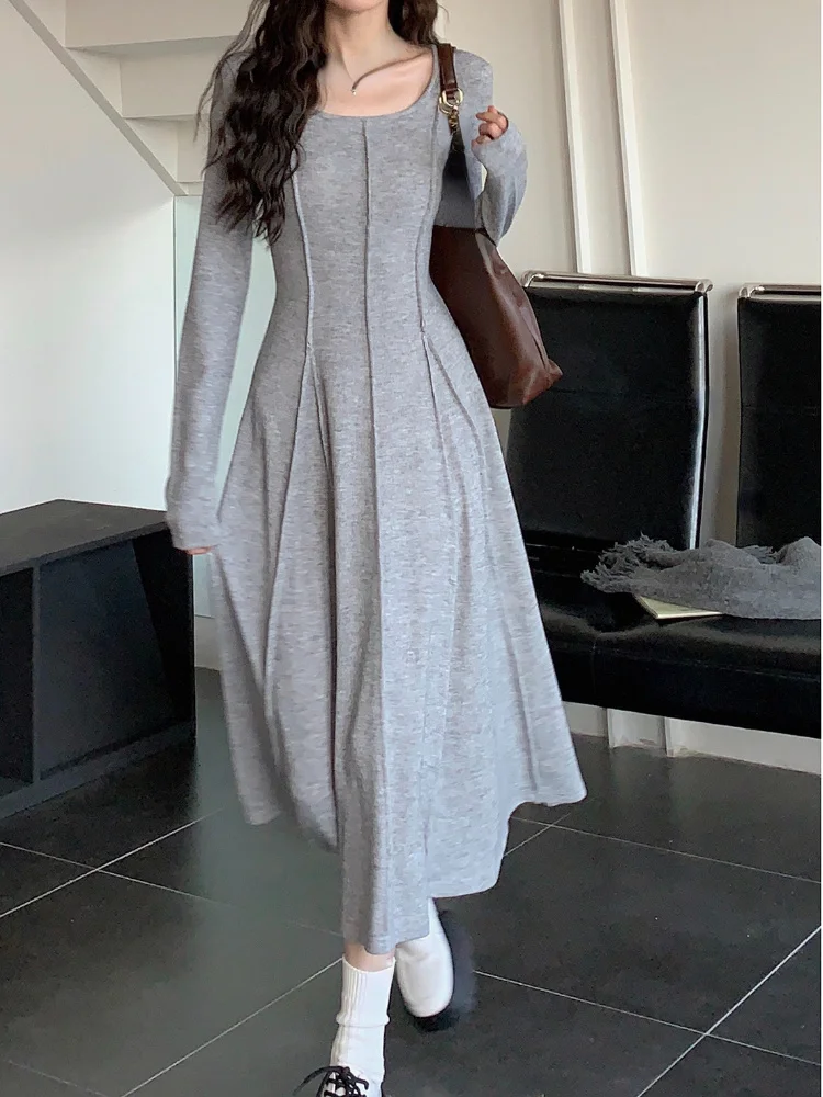 

Элегантное трикотажное платье, корейская мода 2023, Осеннее базовое Повседневное платье средней длины с длинным рукавом, однотонное вечерние платье, Женская шикарная туника