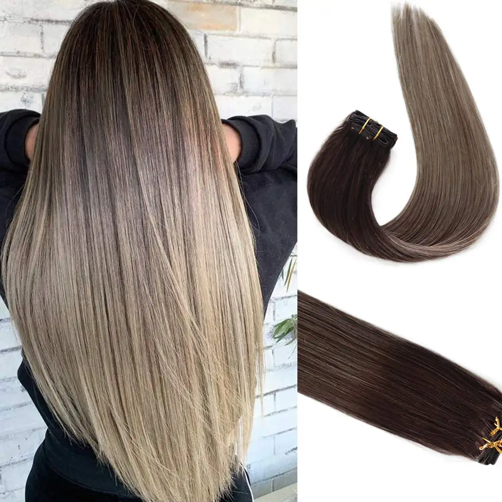 

Clip Style Hair Extension Medium Brown Light Brown Straight Human Hair Clip Brown Highlights Hair Curtain 2023 New Style