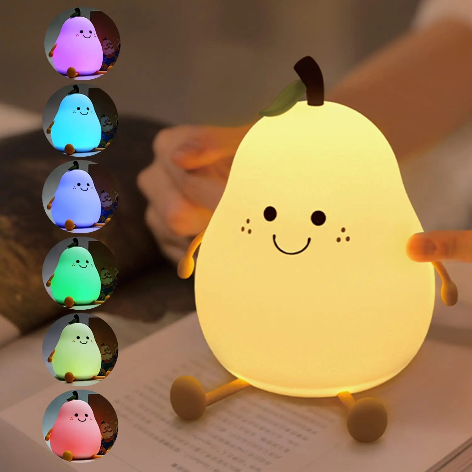 Pear Night Light Touch Portable LED Silicone Lamp Rechargeable 7 Color Changing Timer Toddler Baby Nursery Cute Nightlight