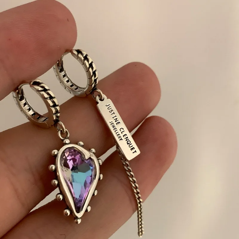 

INS Style Purple Crystal Heart Hoop Earrings For Women Vintage Silver Plated Tassel Asymmetrical Earrings Aesthetics Jewelry