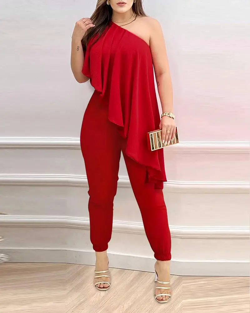 2023 Spring New Women's Jumpsuit, Sexy Sloping Shoulder Ruffle Jumpsuit