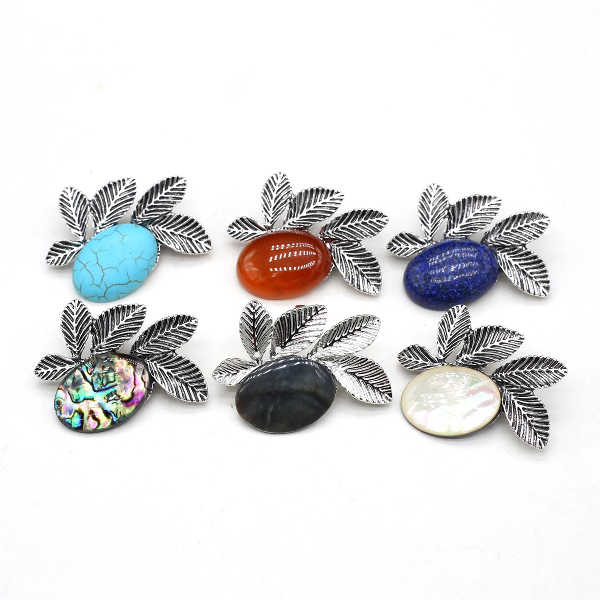 

Natural Stone Pendants Oval Shape Stone Alloy Leaf Brooches Charms for Jewelry Making Necklace Bracelet Earrings