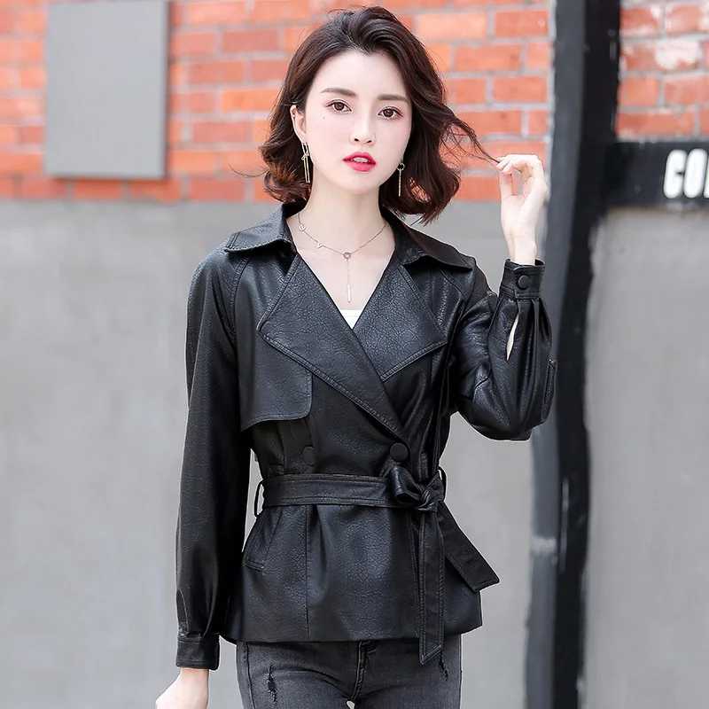 HIGH STREET Women Classic Designer Sheep Leather Blazer 2022 Spring Autumn Slim Double Breasted Sash Jacket Short Sheepskin Coat