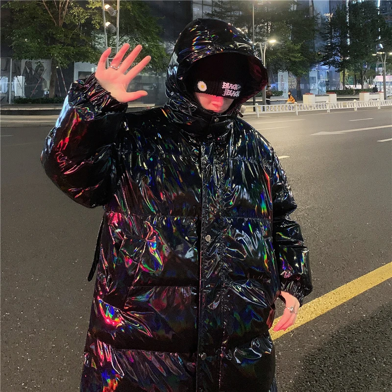 Thick Long Puffer Jacket for Men Winter Fashion Trends Warm Clothing Teens Colorful Reflective Padded Coat Streetwear with Wings