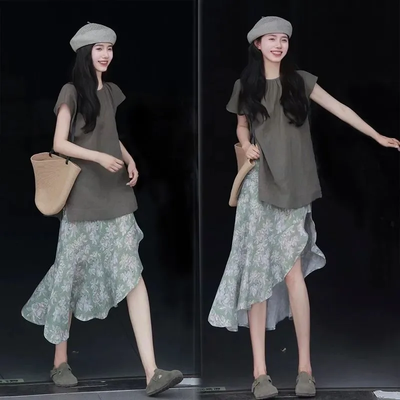 Модная женская летняя новая французская Однотонная юбка с коротким рукавом и