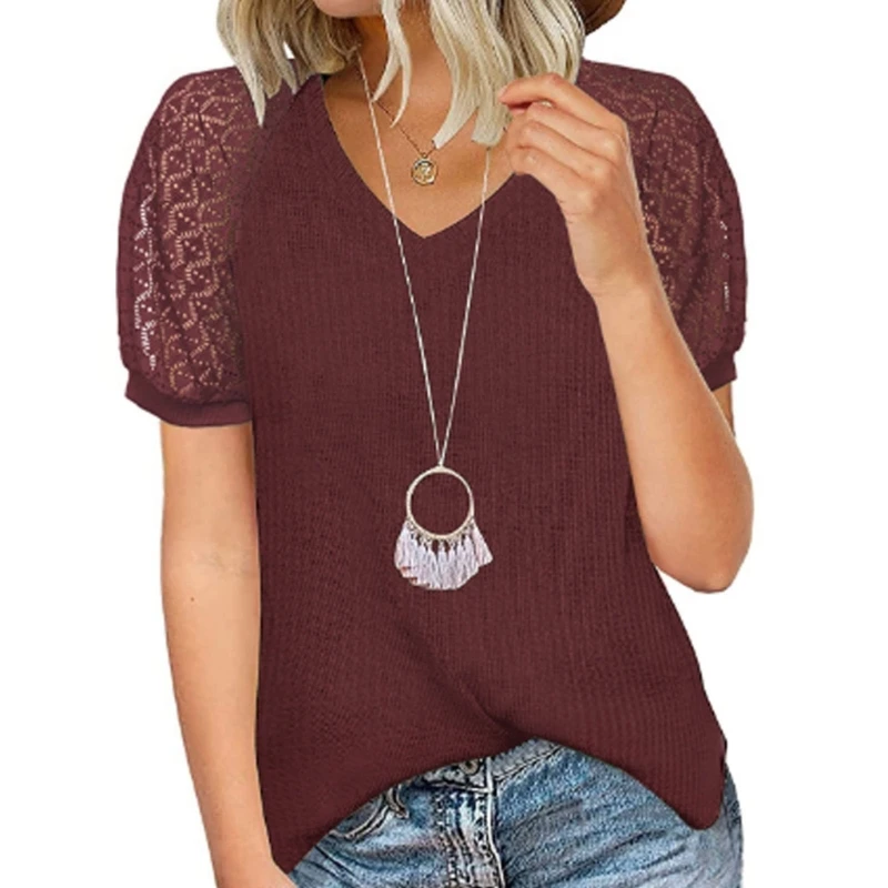 

Женская летняя кружевная рубашка с коротким рукавом и V-образным вырезом, свободная повседневная вафельная блузка