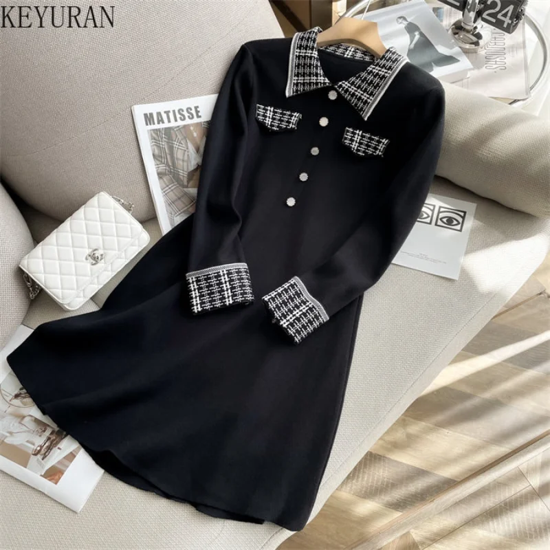 

Fashion Black Patchwork Knited Dresses Women New Autumn Winter Office Lady Long Sleeve A Line Knee Length Sweater Dress Vestidos