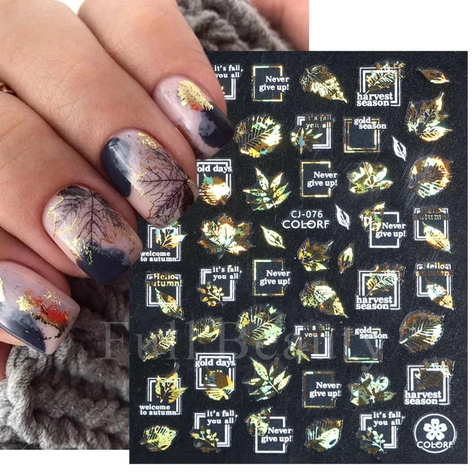 

1PCS White Gold Laser 3D Nail Stickers Autumn Maple Leaf Feather Letter Holographic Slider Anime Sticker Design Nail Decoration