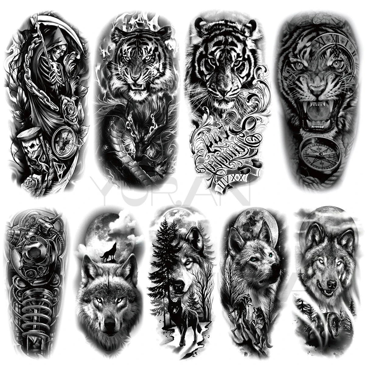 

Black Scary Temporary Tattoos For Women Men Realistic Tiger Compass Wolf Forest War Skeleton Fake Tattoo Stickers Arm Body Tatoo