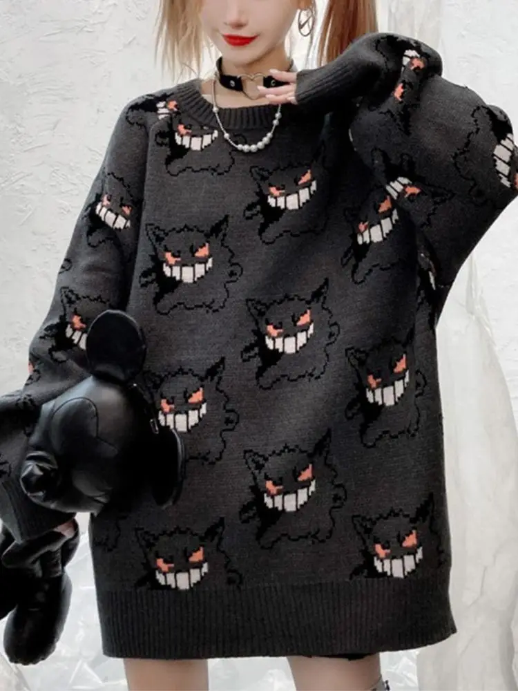 

Women Oversized Sweater 2022 Fashion Gray Harajuku Cartoon Print Pullover Spring Y2k Cute Long Sleeve Knit Tops Pokemon Jumper