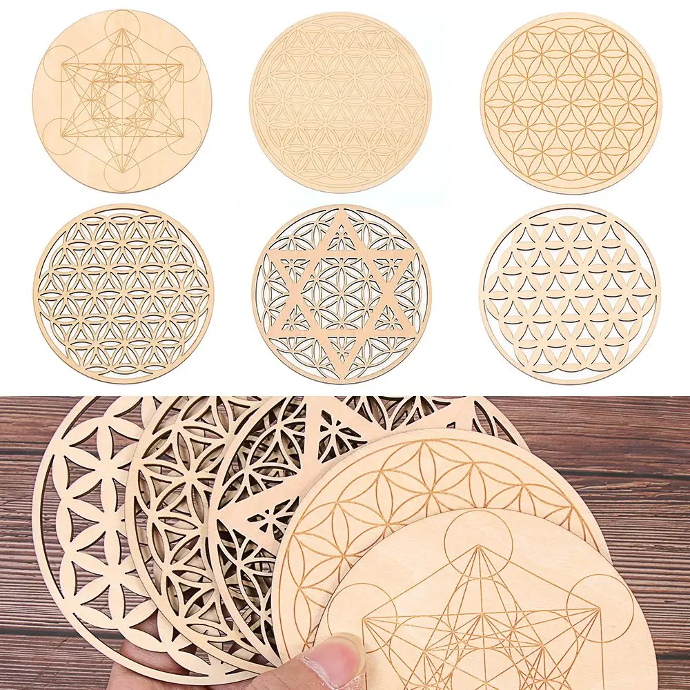 

20cm Collectibles Arts And Crafts Decor Healing Round Edge Wood Chakra Pattern Coaster Circles Carved