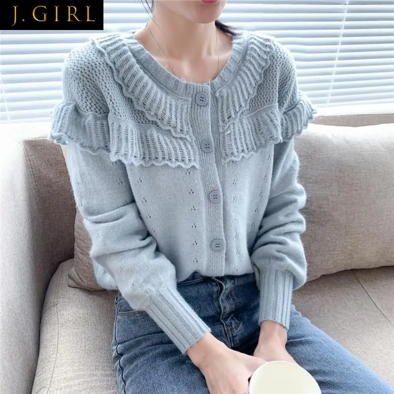 

J GIRLS Linen Pattern Sweater Women 2021 Autumn Design Niche French Short Cut Out Gentle Sweet Long-Sleeved Knitted Cardigan