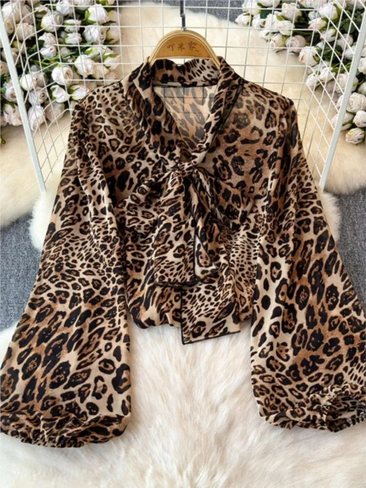Элегантные женские леопардовые рубашки с длинными рукавами повседневная одежда