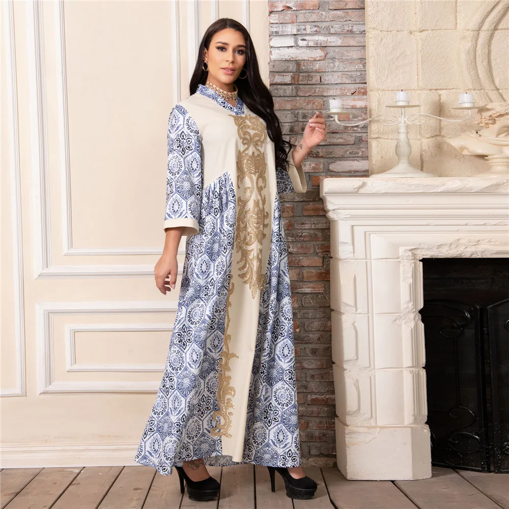 

Fashion Muslin Women Dress Long Sleeve Floral Printing Patchwork V-neck Loose Dubai Casual Ladies Dress Ramadan A-line Dress