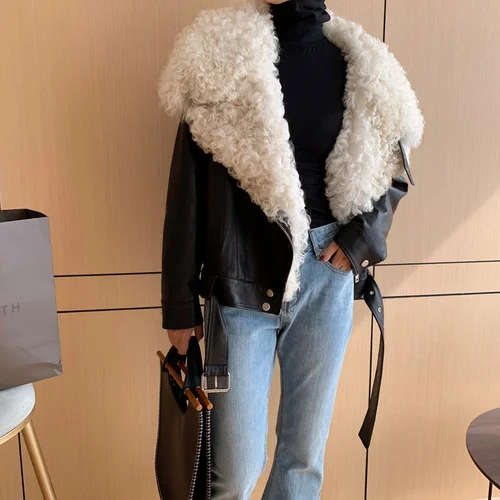 

Sheepskin Coat 100% Female Winter Genuine Leather Jackets Natural Sheep Fur Collar 90% White Duck Down Jacket Warm Woman Clothes