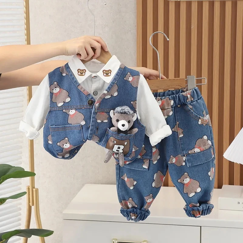 

New Autumn Cartoon Bear Print Denim Suit Kids Boy Denim Coat+Vest+Shirt Pants 3Pcs Sets Cute Infant Baby Children Clothing Set