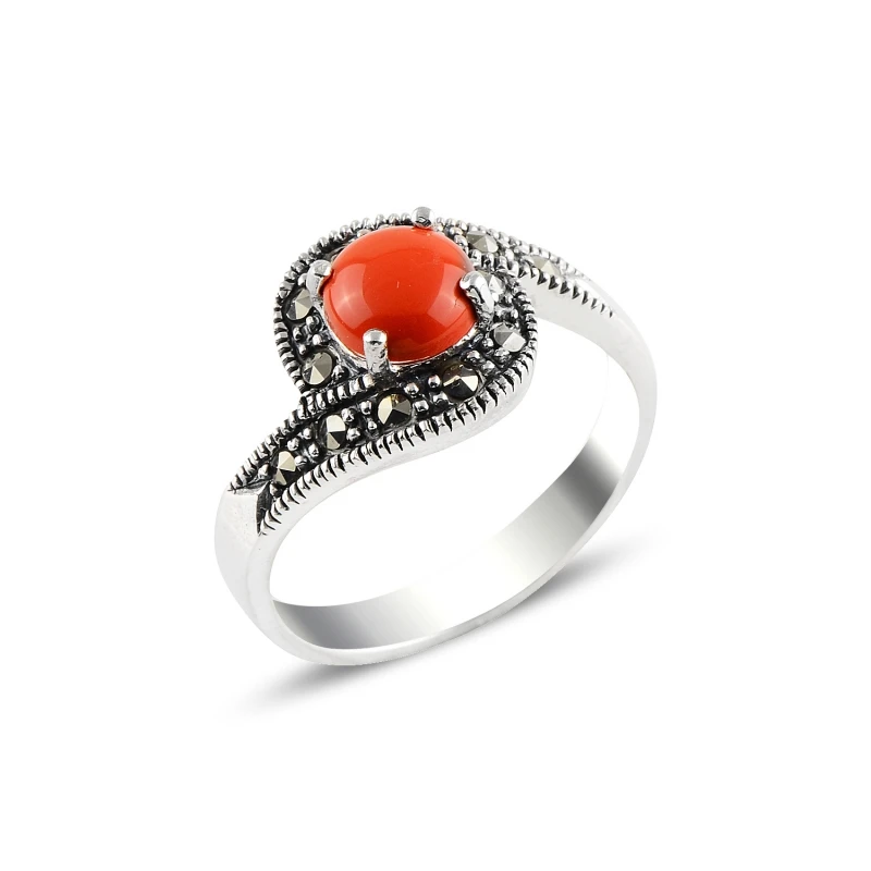 

Серебряное кольцо 925 пробы из кораллов и марказитов