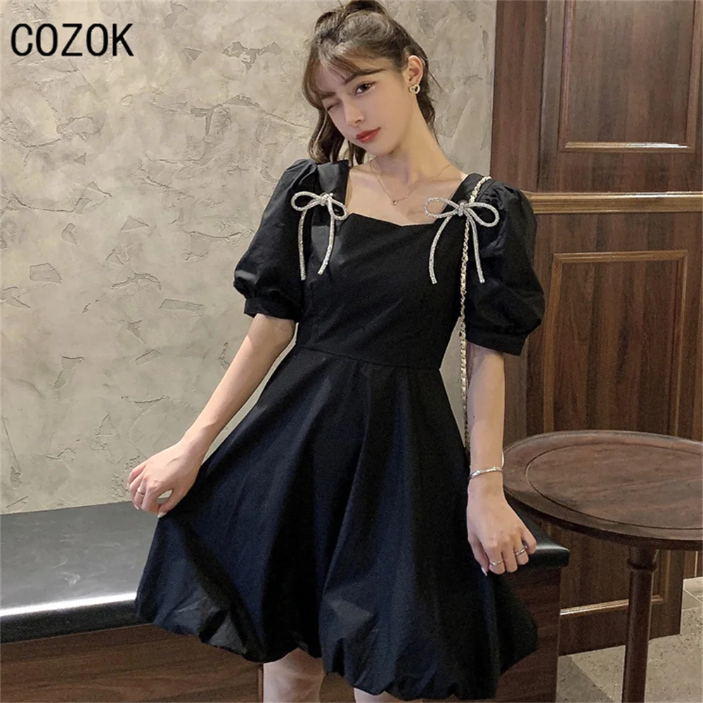 

2022 Summer Elegant Ladies Dress, Puff Sleeve Bow Knot Korean Short Skirt Dress, One-Line Neck Chiffon Comfort Dress Solid Color