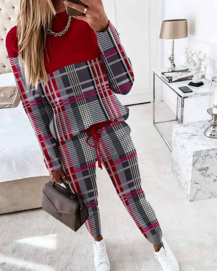 

Женские комплекты из свитера, осенне-зимние комплекты из пуловера с длинным рукавом и принтом в клетку и длинных брюк, повседневные спортивные костюмы из 2 предметов, облегающий Модный комплект