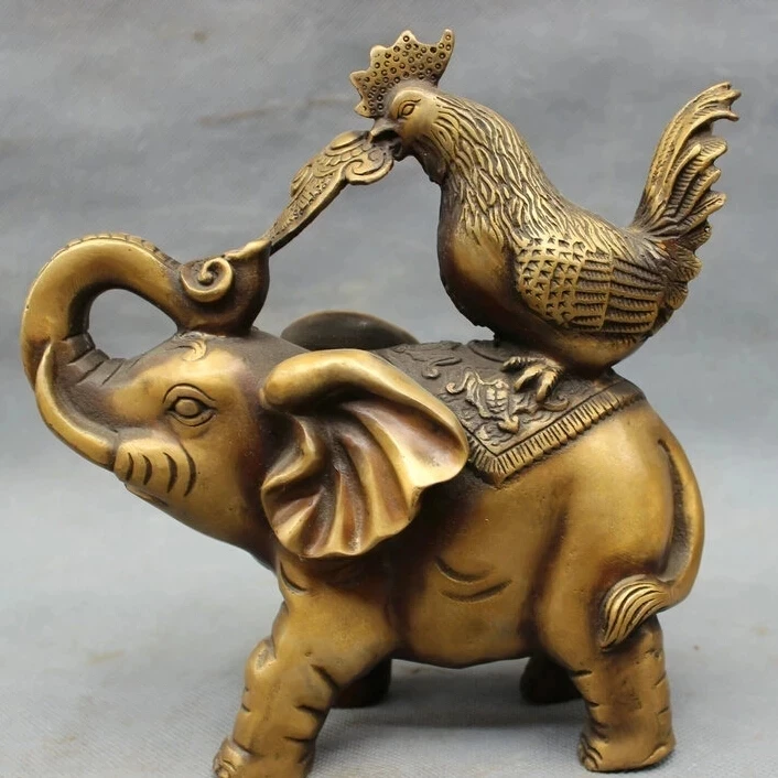 

Folk Chinese Bronze RuYi Cock Rooster On Elephant Statue Animals Figurine