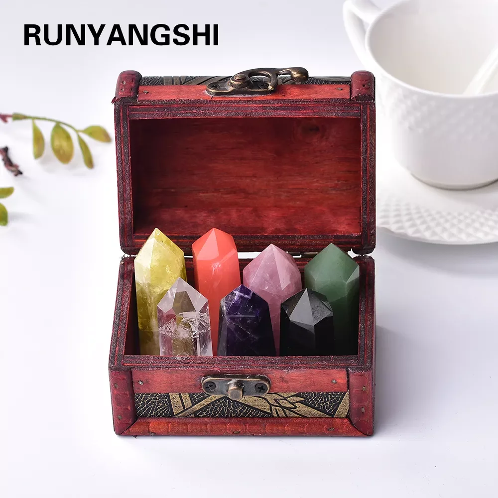 

Runyangshi 1set Treasure wooden box suit Seven Star array crystal pillar crystal wand points Energy gem