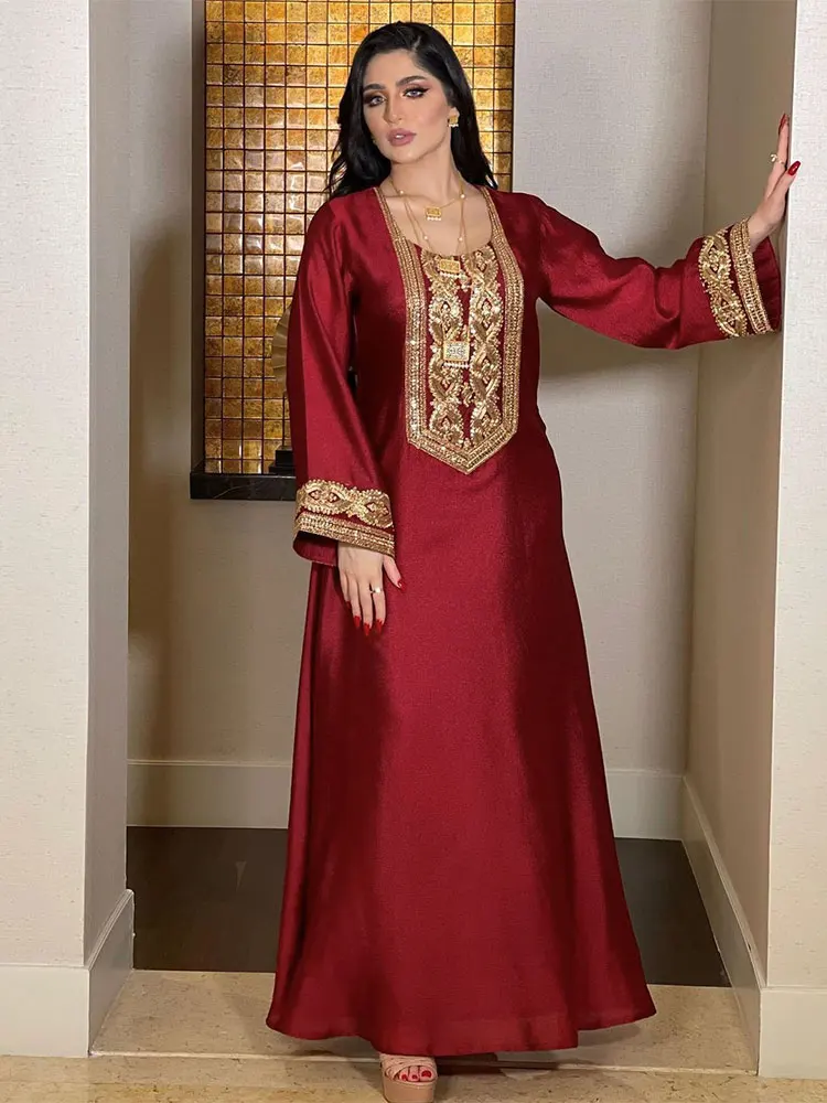 

Gold Embroidered Arabic Party Kaftan Women Moroccan Evening Caftan African Long Dress Muslim Dubai Gulf Ramadan Eid Outfit Abaya