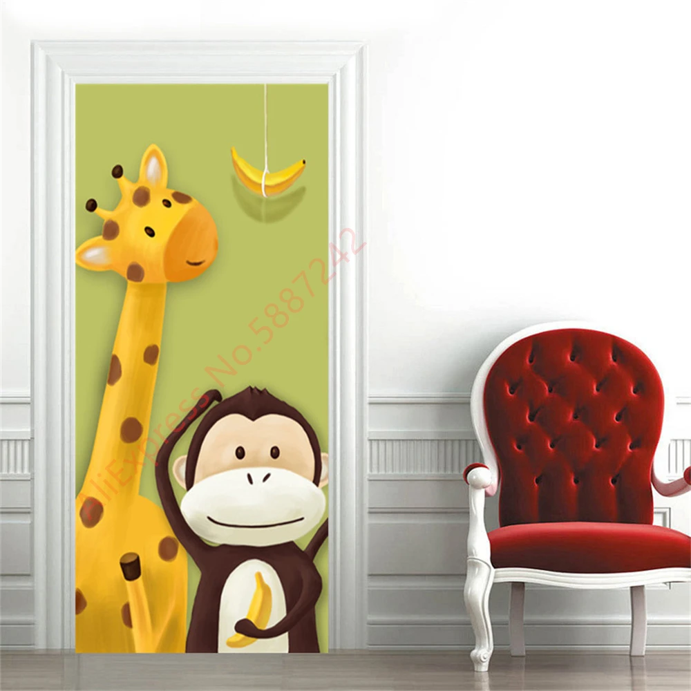Cartoon Children Door Sticker For Kids Boys Girls Room Bedroom 3d Wallpaper Self-adhesive Jungle Lion Giraffe Poster Decoration images - 6