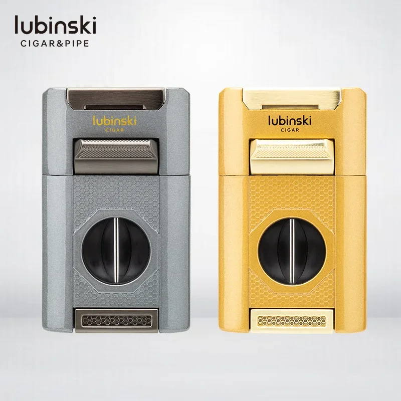 Фото Многофункциональная турбо-зажигалка LUBINSKI 4-в-1 для сигар: V-образный резак, пробойник, металлическая газовая настольная зажигалка с 4 горелками. Подарок для мужчин. №5