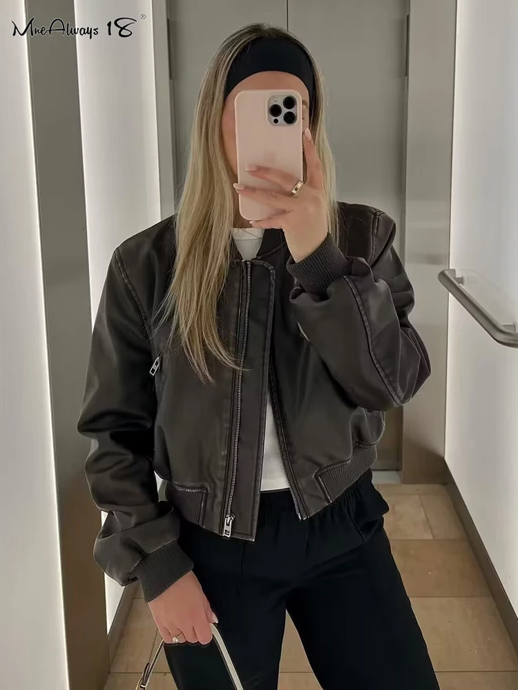 

Mnealways18 Fashion PU Coats Women Parachute Street Style Long Sleeve Zipper Outerwear 2023 Office Ladies Crop Jackets Winter