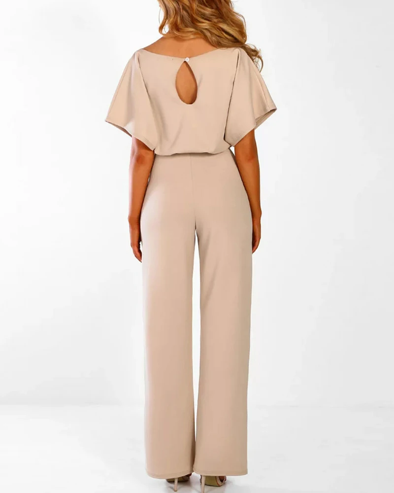 Summer Women Elegant Short Sleeve Batwing Sleeve Keyhole Back Belted Jumpsuit Office Lady Long Pants Oversized One Piece Suit
