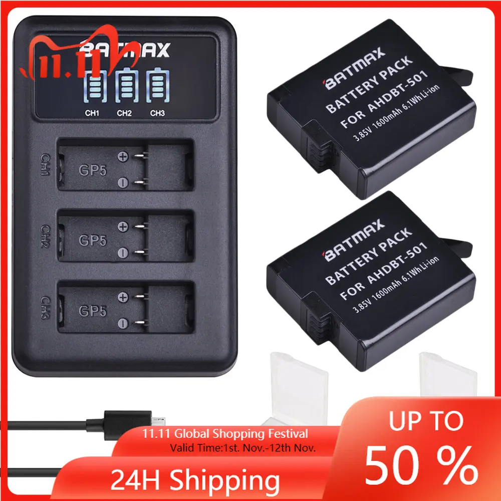 

Аккумулятор для камеры GoPro Hero 7, 6/5, 2 шт., аккумулятор со светодиодной подсветкой, зарядное устройство с 3 портами Type-C для GoPro Hero 7, hero 6, hero 5