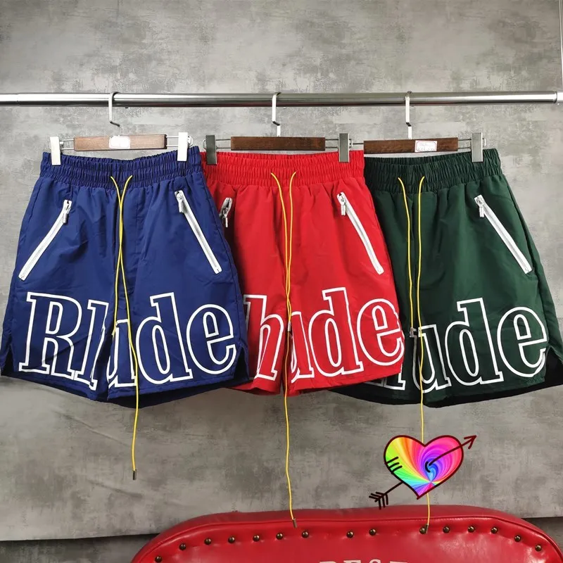 

Men Women High Quality Nylon White Letter Print Rhude RH Logo Shorts Pill Zipper Pockets Breeches Slightly Oversize RHUDE Shorts