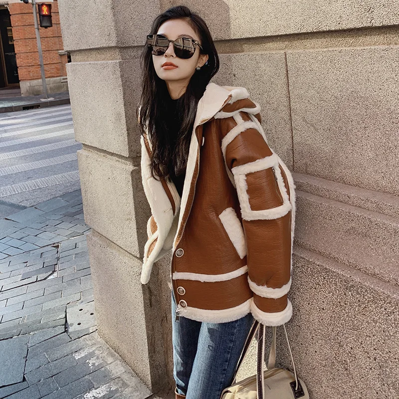 KoHuiJoo Shearling Oversize Female Motorcycle Lambs Wool Fur Coat Winter Suede Jacket Women Thick Warm Fashion Hooded Outerwear
