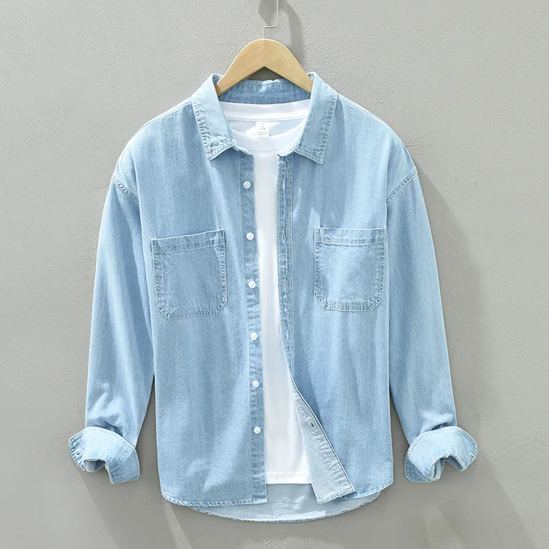 

Jean Shirt Elastic Tops Cowboy Soft 100% Slight Pockets Autumn Shirt Slim Long Men Two Spring Sleeve Denim Button Cotton