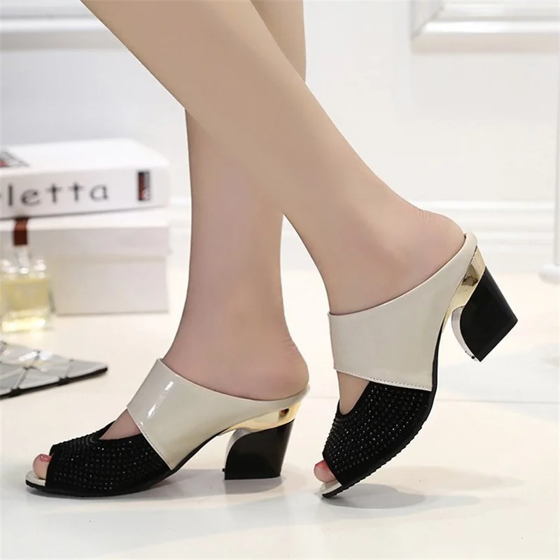 

Mixed Colors Fashion Slippers Women Outside Square Heel Ladies Shoes Fish Mouth Casual High Heels New Modern Slippers Pantuflas