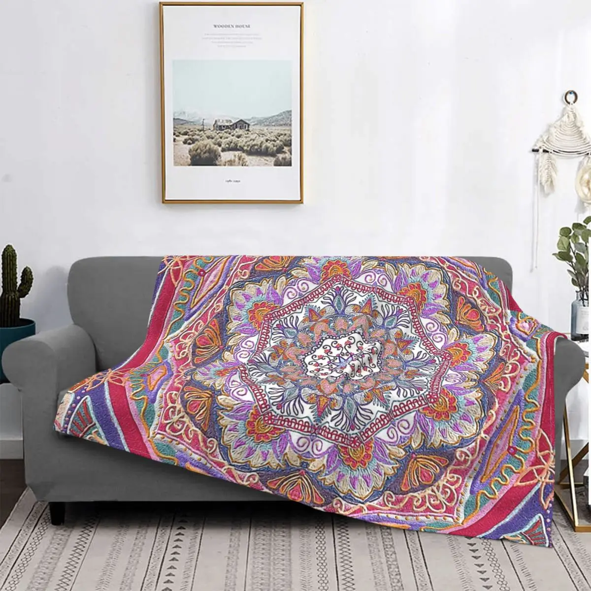 

Mandala Deco Blanket Flannel All Season Pink Flower Design Hand Painted Breathable Throw Blankets For Office Outdoor Bedding