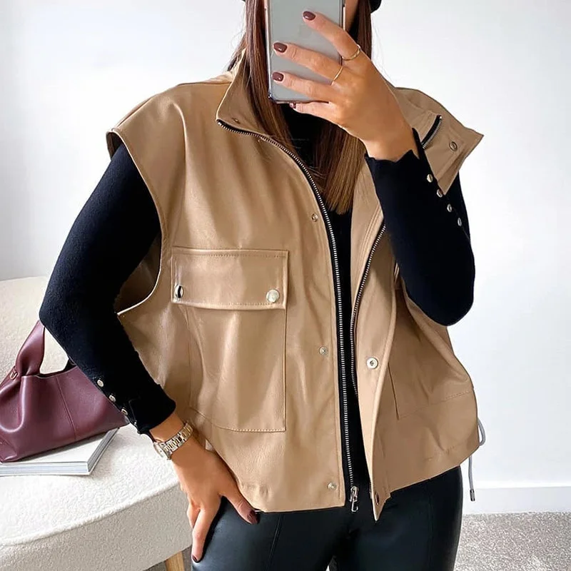 Sleeveless 2023 PU Leather Jacket Vest Women Black Zipper Autumn Winter Khaki Pocket Short Loose Waistcoat Leather Casual Coat
