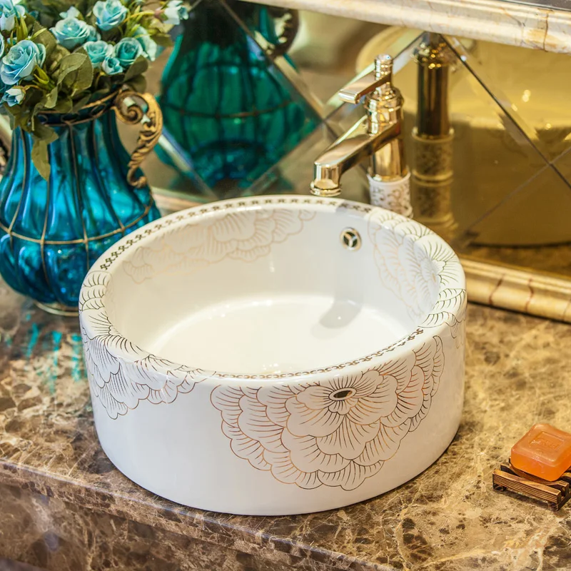 

White peony pattern Chinese Cloakroom Counter Top porcelain wash basin bathroom sinks ceramic art countertop washbasin