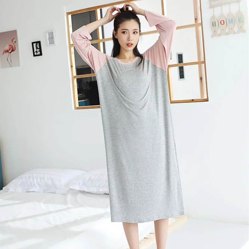 Korean Version Loose Nightdress Women Long Sleeve Modal Round Neck Sleep Dress Matching Color Nightshirt Female Sleepwear