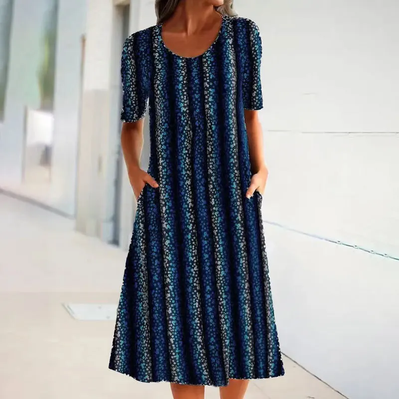 

Vintage Casual Dress 2023 New Blue Leopard Print Knee Length Dress Summer Short Sleeve O-Neck With Pockets A-Line Dress Vestidos