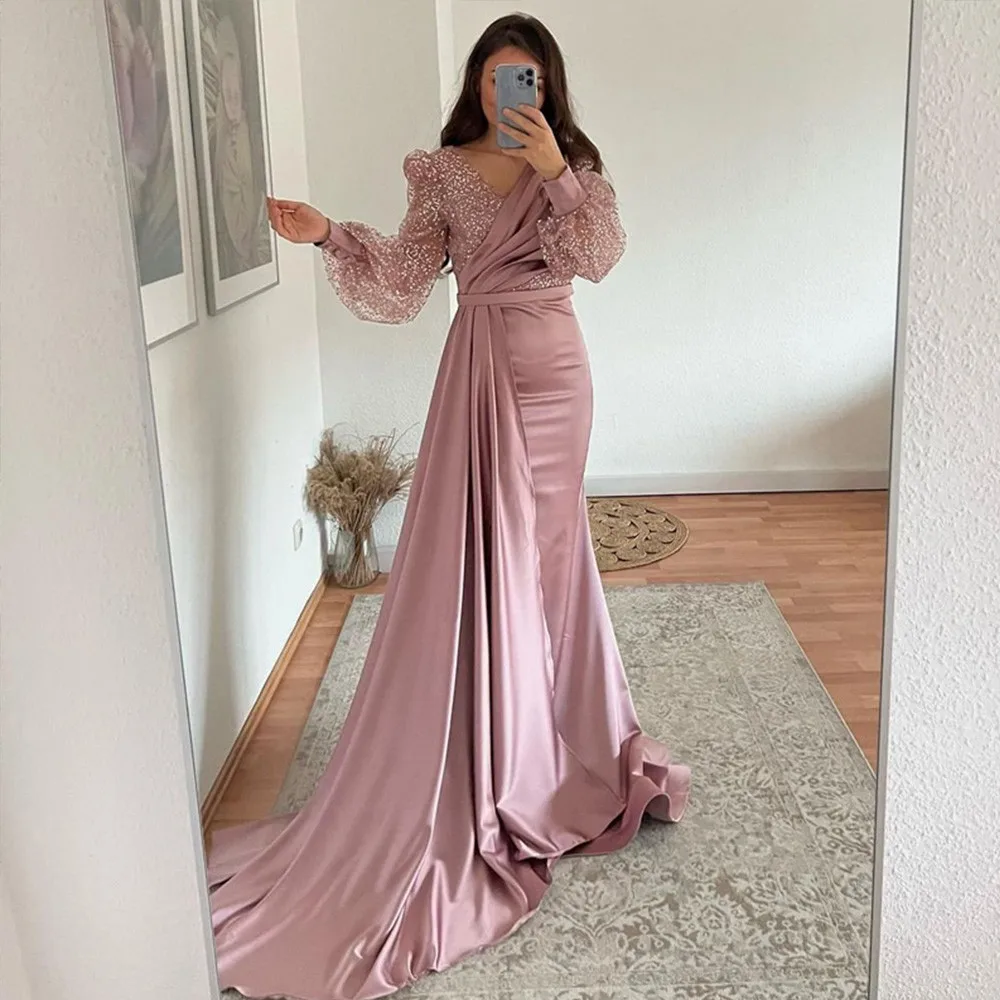 

Modern Evening Dresses Long Luxury 2023 V-Neck Zipper Puff Sleeves Prom Dress Satin Sweep Train Trumpet فساتين سهره فاخرة طويلة