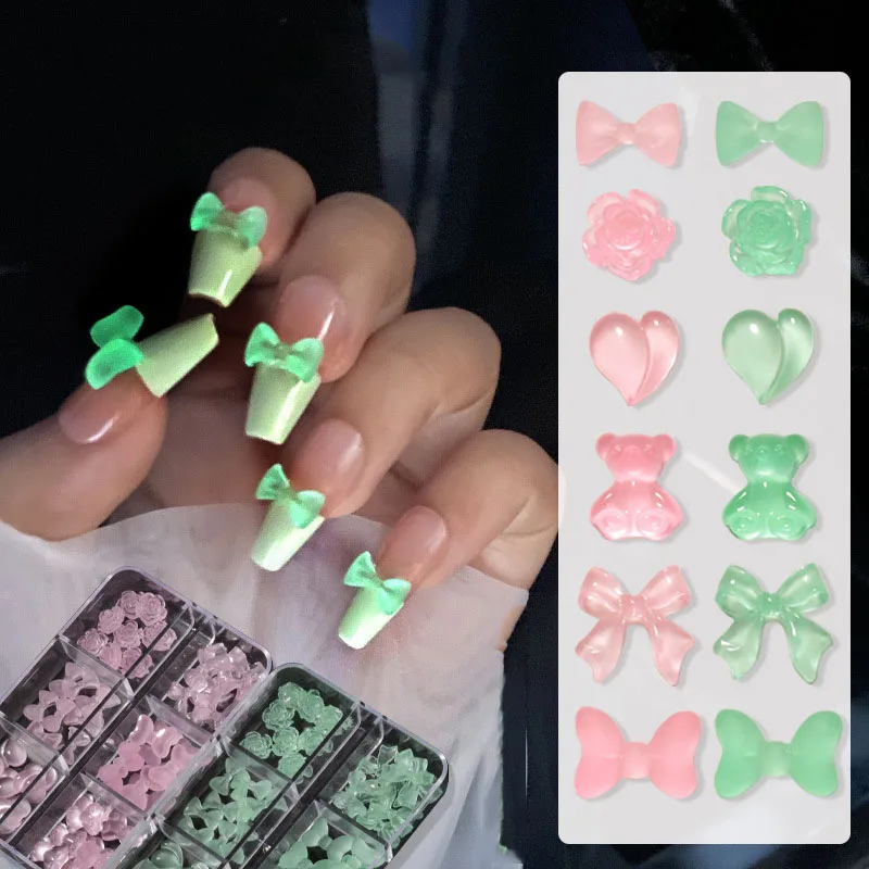 

6Girds Glow In Dark Resin Nail Charms Kwaii Cartoon Bear,Heart,Bow-Tie,Flower Luminous 3D Nail Decorations Nails Glitter Charm