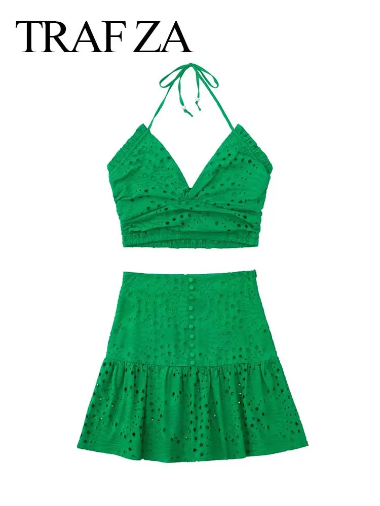 

Женский костюм трапециевидной формы TRAF ZA, Модный Эластичный короткий топ с воротником-хомутом на шнуровке и однотонная зеленая ажурная обл...