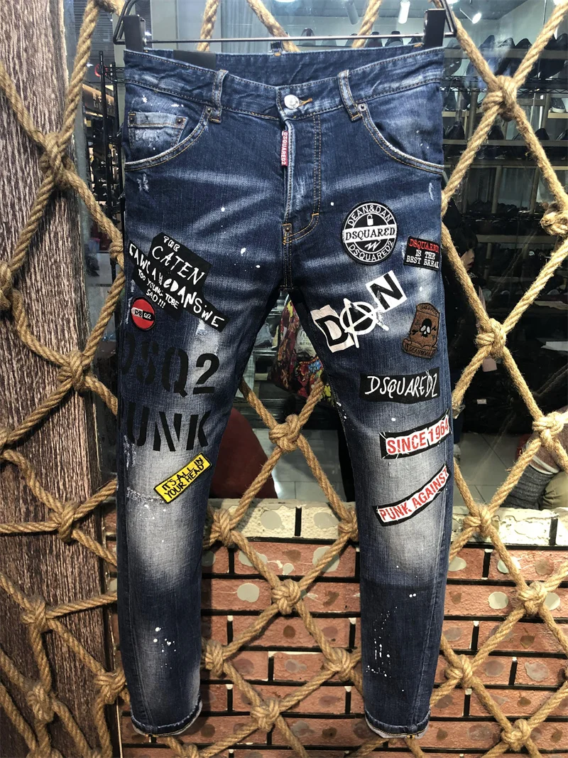 

Spring Summer New DSQUARED2 Men's Jeans Wash Simple Comfortable Black Splash Ink Micro-Elastic Pants 02