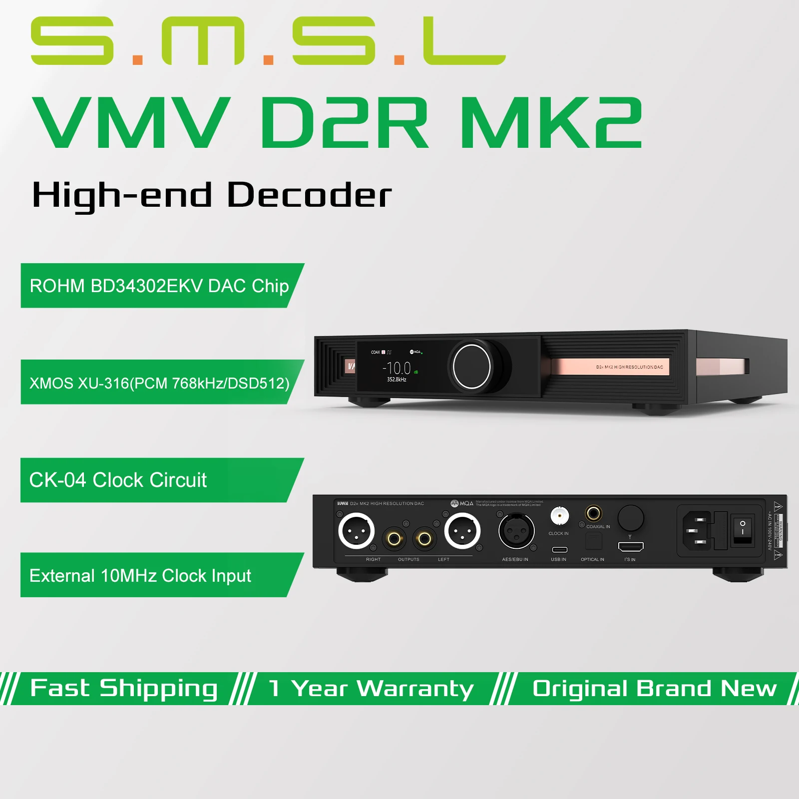 Фото SMSL VMV D2R MK2 Hi-Res аудиодекодер с чипом ROHM BD34302EKV DAC, XU316 MQA, USB, оптическим, коаксиальным и Bluetooth входами, с пультом дистанционного управления №1