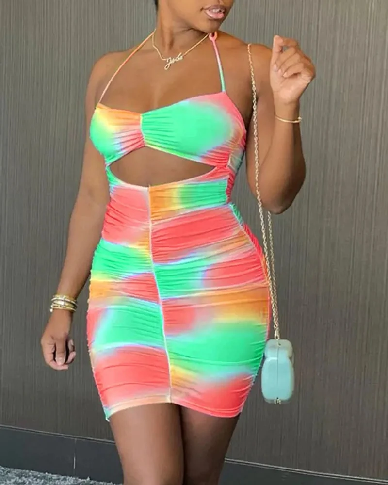 

Women Ombre Cutout Ruched Halter Bodycon Dress Summer Sleeveless Sexy Night Club Party Dresses