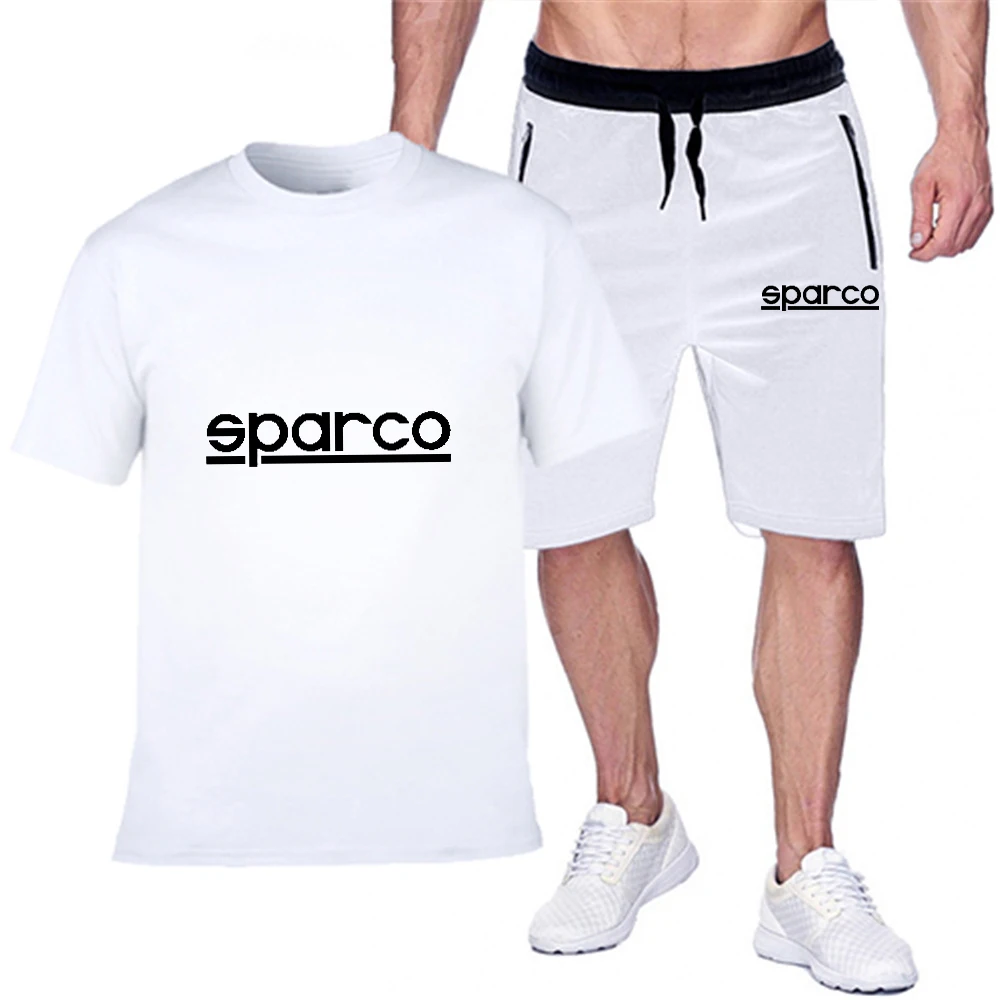

Men's Sparco Print T-shirt and Shorts Suits Bodybuilding Clothing for Male Summer Casual Short Sleeve Striped Streetwear