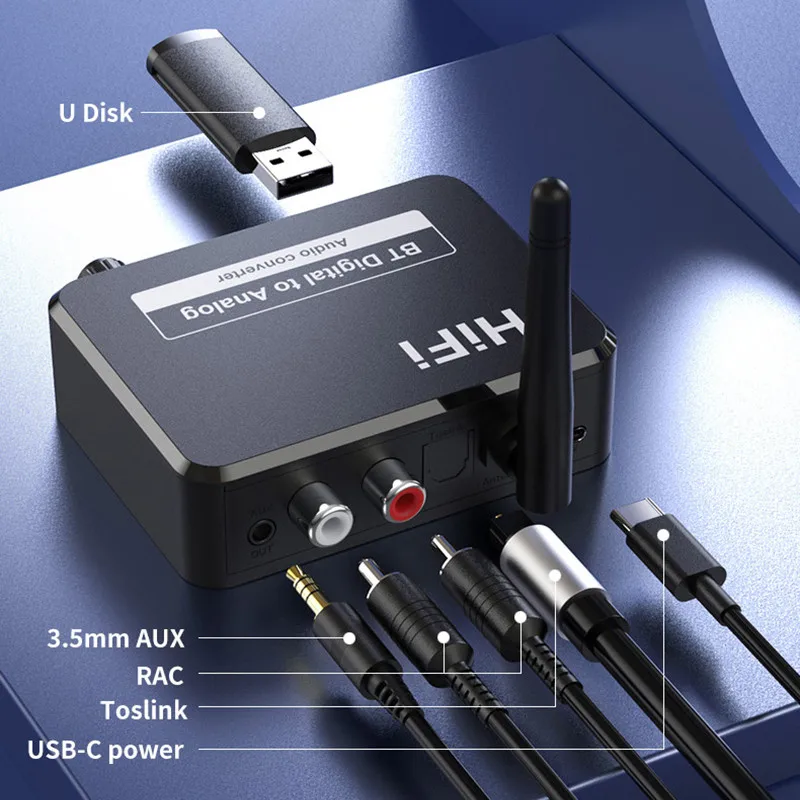 

Bluetooth 5.0 Receiver Spdif Optical Fiber to 3.5MM AUX 2 RCA Amplifier Speaker Car kit U Disk Digital to Analog Audio Converter
